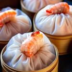 **

Steaming baskets of har gow dim sum. Translucent wrappers reveal pink shrimp filling. Focus on the delicate pleats and glistening texture. Soft, diffused lighting.

**