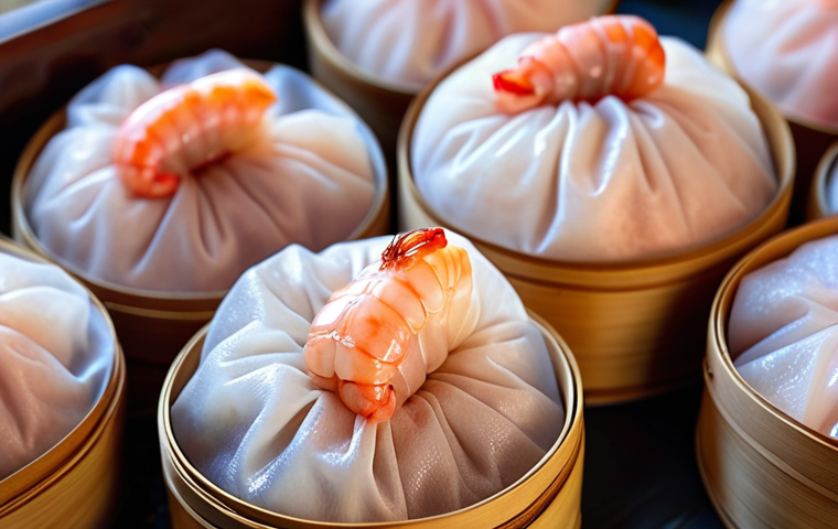 **
Steaming baskets of har gow dim sum. Translucent wrappers reveal pink shrimp filling. Focus on the delicate pleats and glistening texture. Soft, diffused lighting.
**