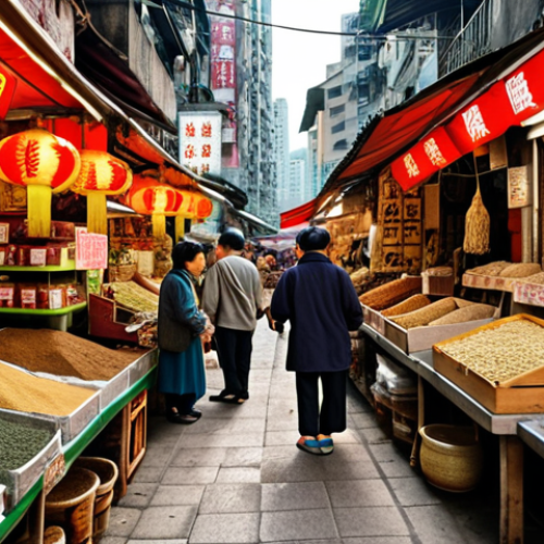 Home 14 **
A bustling Hong Kong herbal market scene in Kowloon City. Focus on the vibrant colors of dried herbs, roots, and traditional medicines displayed in old shops. Include local vendors interacting with customers, showcasing their deep knowledge of herbs. Capture the atmosphere of a blend of ancient traditions and modern life.
**