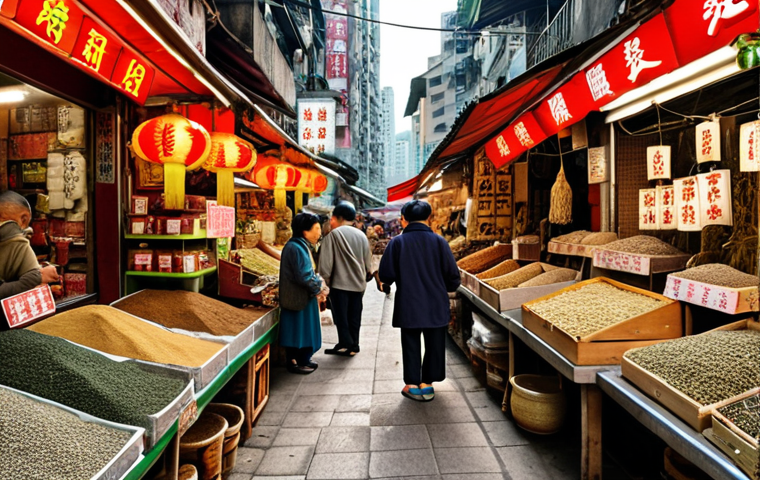 **
A bustling Hong Kong herbal market scene in Kowloon City. Focus on the vibrant colors of dried herbs, roots, and traditional medicines displayed in old shops. Include local vendors interacting with customers, showcasing their deep knowledge of herbs. Capture the atmosphere of a blend of ancient traditions and modern life.
**