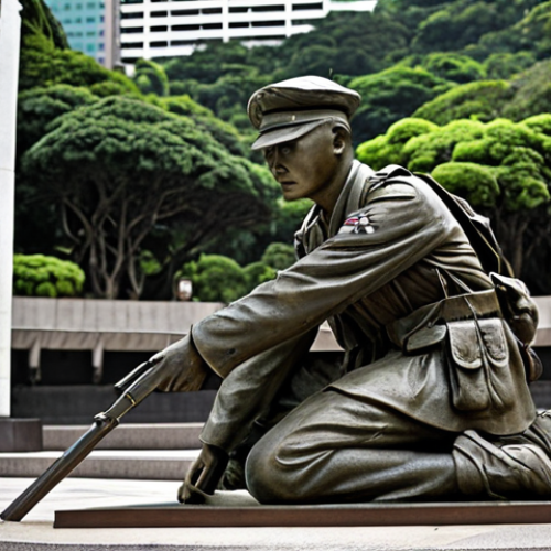 Home 7 **Hong Kong War Memorial:** A solemn, respectful view of the Hong Kong War Memorial in Central. Focus on conveying a sense of remembrance and sacrifice. Include elements that suggest the memorial's age and the historical context of World War II.