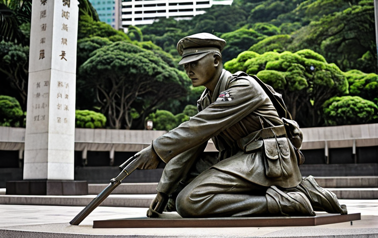 **Hong Kong War Memorial:** A solemn, respectful view of the Hong Kong War Memorial in Central. Focus on conveying a sense of remembrance and sacrifice. Include elements that suggest the memorial's age and the historical context of World War II.